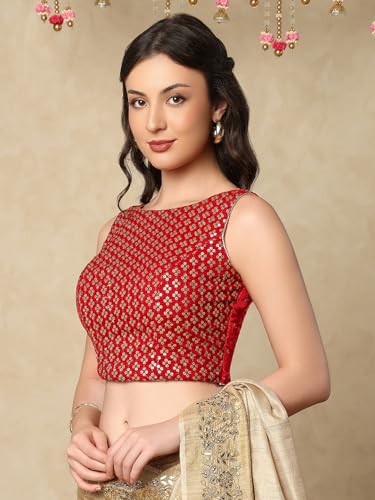 SALWAR STUDIO Red Velvet Sleeveless Readymade Saree Blouse