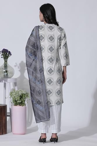 W for Woman White Geometric Printed V-neck Cotton Kurta, Salwar with Dupatta Set_24ONWS10600-123025_XL