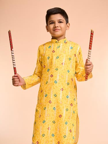 Manyavar Boys Viscose Blend Bandhani Print & Mirror work Kurta Pyjama Set (Yellow,5-6Y)