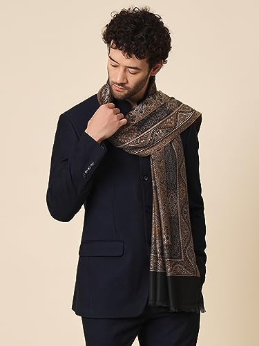 Zamour Polyester Blend Faux Pashmina Soft Jamawar Woven Shawl For Men (Golden Black)