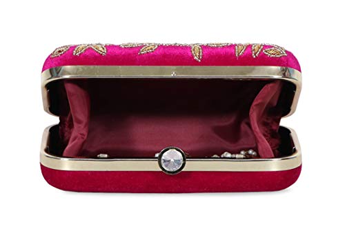 DUCHESS Women's Velvet Zari Zirkon Box Clutch Purse (Fuchsia)