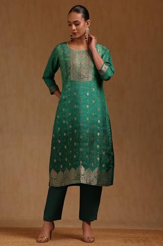 Soch Womens Green Russian Silk Ethnic Motifs Salwar Suit With Zardosi Work
