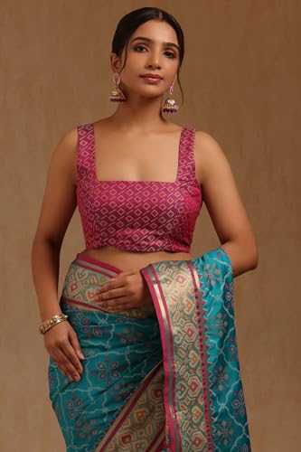 Soch Womens Turquoise Blue Silk Blend Patola Print Saree