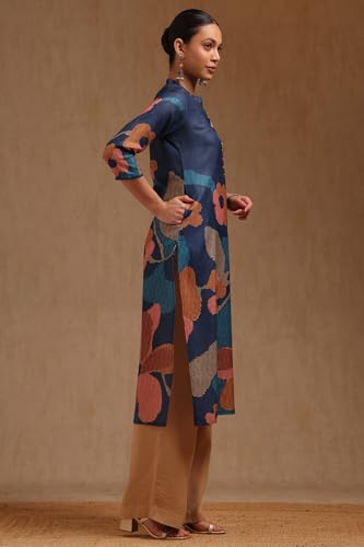 Soch Womens Navy Blue Linen Floral Print Kurta with Beads