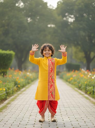 NEEDLE GO TRADITIONAL Boys Cotton Jamdani Kurta with Silk Dhoti Set, Traditional Indian Ethnic Wear, Full Sleeve, 2-14 Years, All Festival, 2 Piece Set for Festivals (YELLOW, 2-3 YEAR)