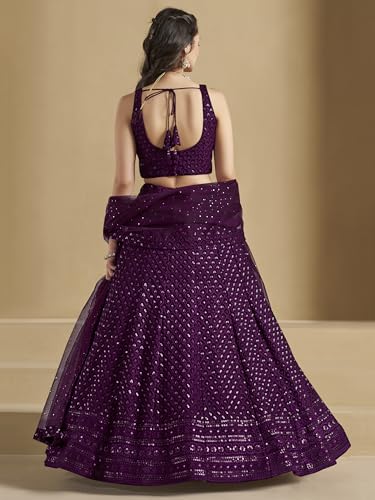 Zeel Clothing Women's Sequins Thread Embroidered Georgette Lehenga Choli With Dupatta (5124-Women-Lehenga-Choli-New; Free size) (Yellow) (Wine)