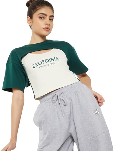 Max Women Printed Layered Sports T-Shirt with Camisole(Green_M)