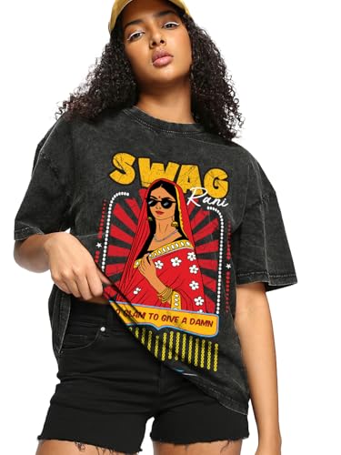 Bewakoof Women's Graphic Printed Oversized Fit Half Sleeve Round Neck Cotton T-Shirt_663621_Black_3XL