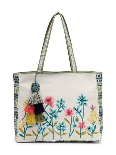 Anekaant Kooky Floral Embroidered Tote Bag for Women| Large Off White Jacquard Shoulder Bag | Perfect for College, Office & Everyday Use