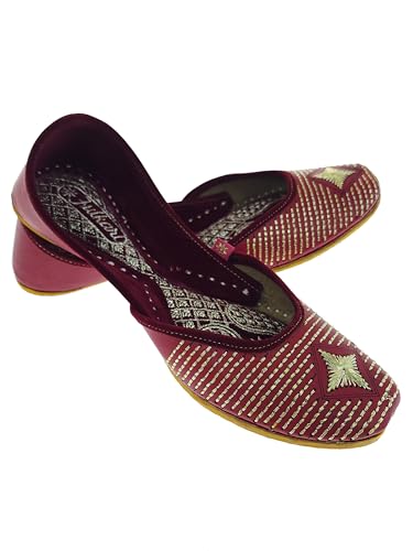 Fulkari Women Red 3D Stone Gold Casual Genuine Soft Leather Jutis | Bite and Pinch Free Juttis | Punjabi Jutti | Girl's Office Flat Ladies Mojari | dailywear Ethnic Juti | 38