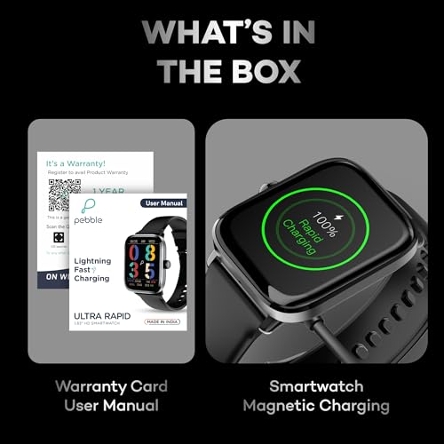 Pebble Ultra Rapid 1.83" HD Display. India's First Fastest Charging, Premium Metal Built, Unisex Design Smartwatch (Jet Black)