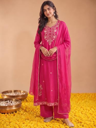 Varanga women's pink mul chanderi kurta set with chiffon dupatta