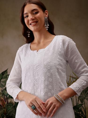Ada Hand Embroidered Lucknow Chikankari Women's Cotton Blend Kurta with Slip A411117 (L, White)