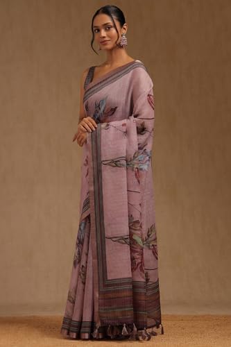Soch Womens Purple Linen Floral Print Saree
