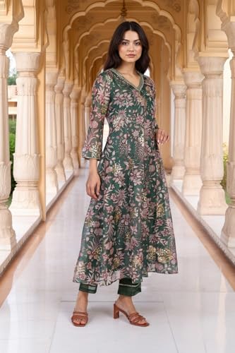 W for Woman Floral Printed Metallic Embroidered Flared Kota Doria Kurta with Pant and Dupatta Set - Green (WS13278-126619-L)