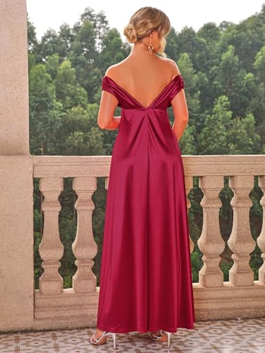 Marivoné® Off Shoulder Maternity Maxi Dress | V Neck Flowy Pregnancy Gown for Photoshoot | Baby Shower Dress | L | Red