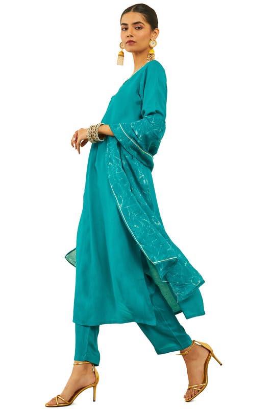 Soch Womens Teal Muslin V-Neck Suit Set With Gotta Patti