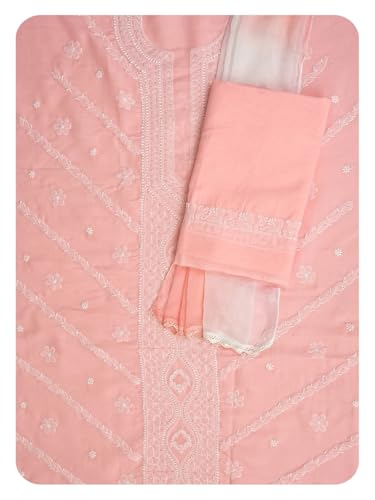 Ada Hand Embroidered Lucknowi Chikankari Unstitched Cotton Dress Material Suit Piece with Dupatta for Women 01A869352 Peach
