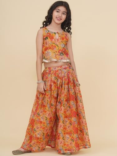 Bitiya By Bhama Girls Yellow Floral Printed Crop Top With Palazzo(GCS0525E01_15-16y)