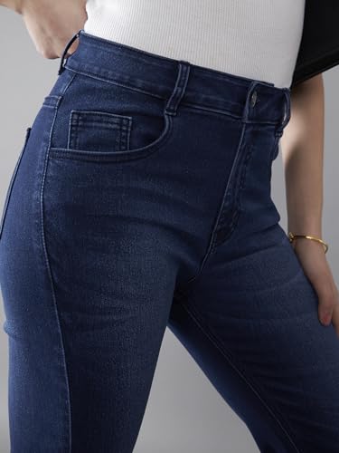 Dolce Crudo Women's High-Rise Regular-Length Stretchable Flared Denim Jeans (DOSS24DEN12-92-71-38, Navy Blue, 38)