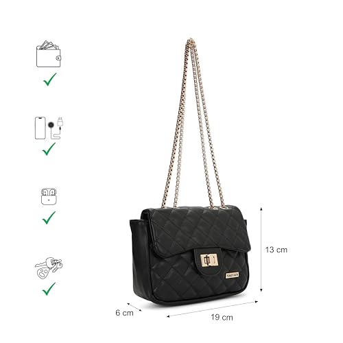 Fastrack Black PU Structured Quilted Sling Bag for Women, Girls and Ladies | Polished Quilted Chic Exterior | Chain Crossbody Handbag | Ladies Purse Handbag