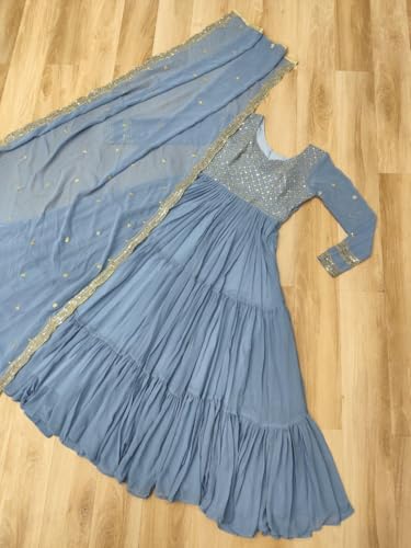 PRISTIQ Fashion Faux Georgette Anarkali Dress Set with Dupatta, Embroidered, Traditional Indian Ethnic Wear, (in, Alpha, 2XL, Regular, Sky)