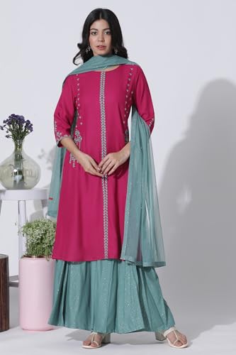 W for Woman Dark Pink A-line Embroidered Kurta, Culottes and Dupatta Set_24ONWS17951-217797_2XL