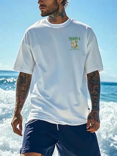 GURIK Men's Oversized Baggy Fit Drop Shoulder Printed Tshirt(SF-Mens-Oversize-Tshirt-Teqila-White-S)