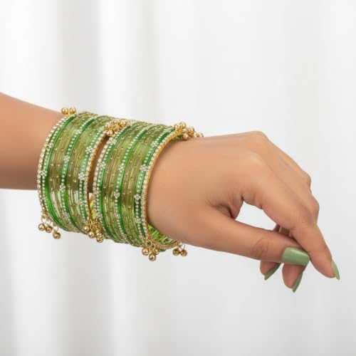 KAYASHA Kashmiri Glass Bangles Set for Women with Ghungroo Bangles | Traditional Ethni Bangles Set for Wedding, Party, Festival & Daily Use set of- 24(20 glass+4 stone ghunghroo bangles)