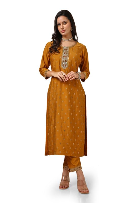 Soch Womens Mustard Silk Blend Embroidered Suit Set With Zardosi