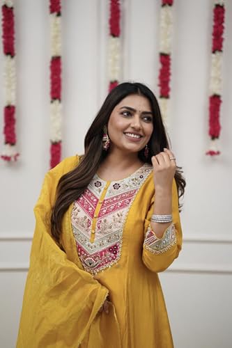 VARNI FABRICS: A lady's First Love Women's Chanderi Yellow Embroidered Kurta Pant Set With Dupatta, Ethnic Wear (IN, Alpha, XL, Regular)