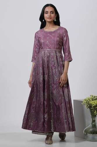 W for Woman Purple Festive Geometric Print Shantung Flared Kurta Set with Parallel Pant_22AUWS18293-119280_XS