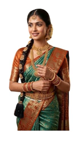 VFCollections Women's Traditional Handloom Kanchipuram Silk Pattu Sarees | Rich Zari Woven Design | Unstitched Blouse (VFC418-1)