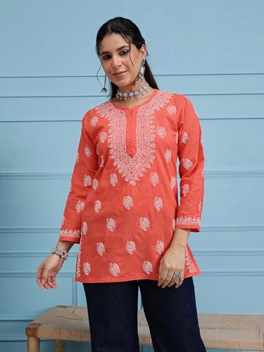 Ada Women's Cotton Regular Fit Top Tunic Hand Embroidered Lucknowi Chikankari Short Kurti A911387 Coral Red (Medium)