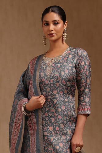 Soch Womens Grey Tussar Floral Print Suit Set With Zari