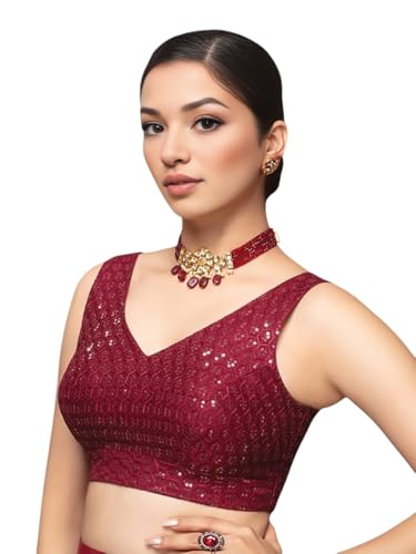 Biyu Women's Silk Sequinned V-Neck Readymade Saree Blouse (Maroon, 42)