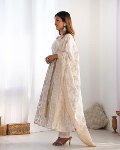 Leeli Peeri Designer Banarasi Jacquard Silk Zari Woven Work Anarkali Kurta Set With Dupatta.