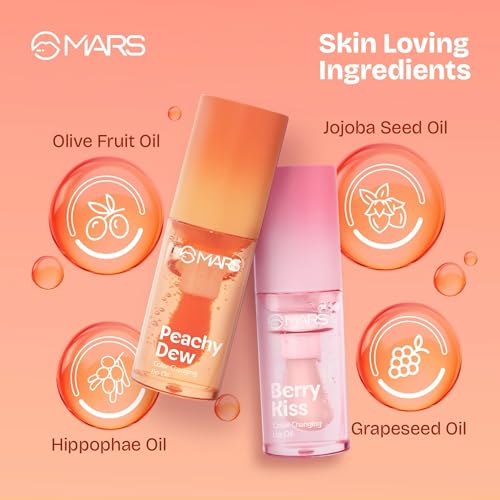 MARS Color Changing Lip Oil (4.5 ml) (04-PEACHY DEW) With Fat Applicator | Skin Nourishing Ingredients - Olive Fruit Oil, Jojoba Oil | Hydrating & Moisturising