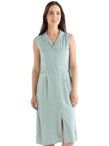 Hancock Women Green & White Gingham Checked Lapel Collar Pure Cotton Shirt Style Midi Dress