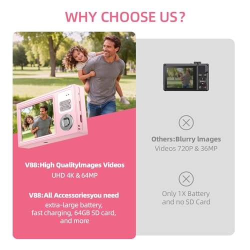 Digital Camera for Kids & Beginners, 4K Digital Camera with 64GB SD Card 16X Zoom Anti-Shake, Compact Point and Shoot Camera with 2.8" Screen, Portable Small Camera for Students, Travel & Gifts Pink