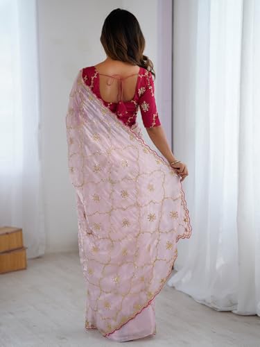 SIRIL Women's Tissue Silk Sequin Embroidery & Scalloped Border Saree With Unstitched Blouse Piece (4633S125A_Light Pink)