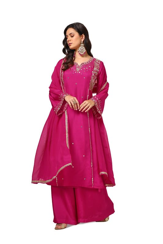 Soch Womens Fuchsia Dupion Silk Suit Set With Mirror Work