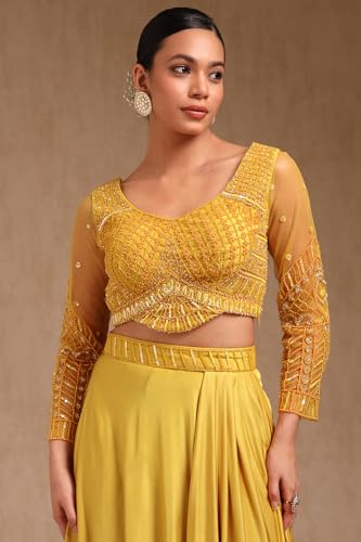 Soch Womens Yellow Nylon Blend Solid Ready To Wear Saree With Beads And Stones