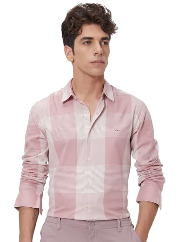 MUFTI Men Casual Shirt | Slim Fit Spread Collar Checked Design | 100% Cotton Breathable Fabric with Full Sleeves & Curved Hem | Perfect for Smart Casual Outings| Soft Pink 6XL