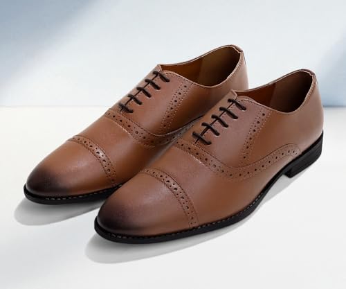 LOUIS STITCH Men's Formal Lace-up Oxford Shoes for Men | Solid Design | Ideal for Formal, Business Casual, and Parties | Russet Tan, Size UK 9 (RGOXTN)