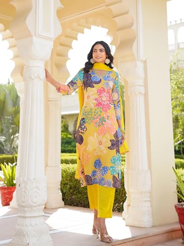 Vaamsi Women's Cotton Blend Floral Straight Printed Kurta Pant With Dupatta (PKSKD2492_M_Yellow)