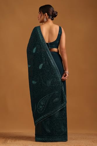 Soch Womens Blue Georgette Paisley Print Saree With Stone Work