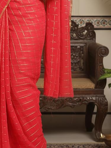 AKHILAM Women's Pink Chiffon Checkered Printed Saree With Unstitched Blouse Piece (RCFL1205_AI)