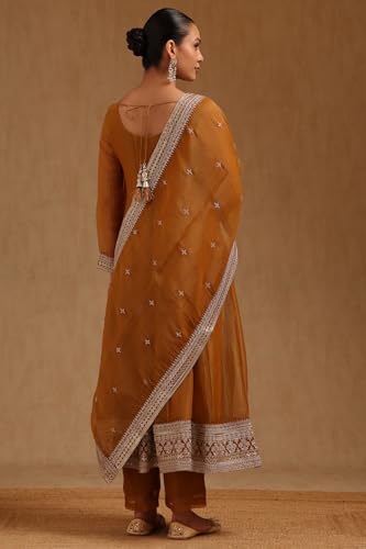 Soch Womens Mustard Tissue Embroidered Suit Set With Stone Work