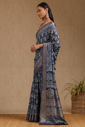 Soch Womens Indigo Viscose Block Print Saree